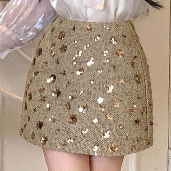 Gold Preppy Women's Elegant Sequin Embellished Bodycon Mini Skirt - Picture 6 of 9